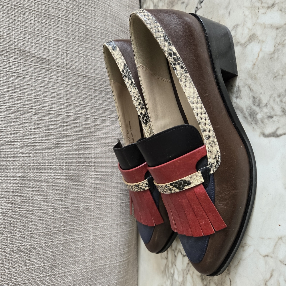 Brown and Red Loafers with Snake Print Accent